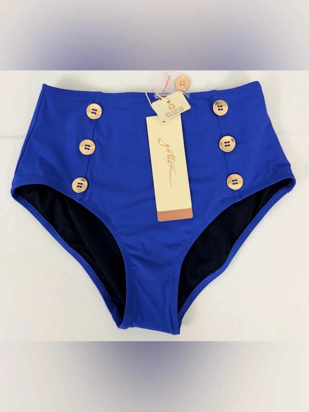 Gottex Cobalt Blue High-Waist Full Coverage Bottom w/Gold Buttons 6 & 10 NWT